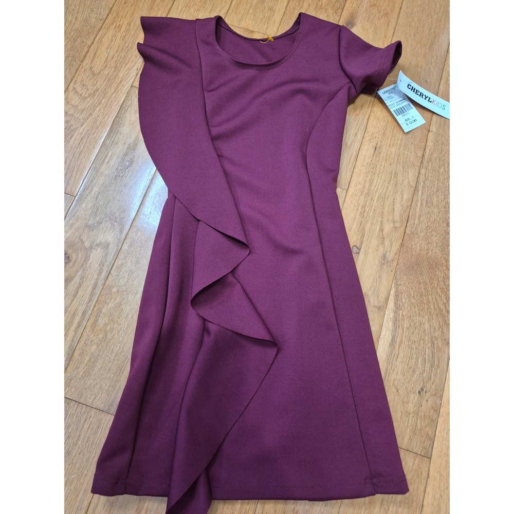 Cheryl Kids Creations Girls Plum Burgundy Ruffle Front Short Sleeve Dress Size 4